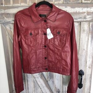 Kut From The Kloth Julia Crop Trucker Jacket Red Faux Leather Moto Large NWT